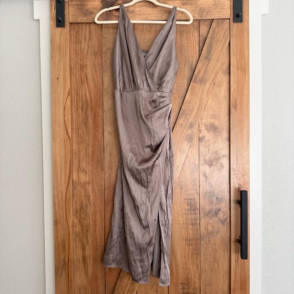 Satin V-Neck Taupe Midi Dress with Side Slit - Picture 2 of 3